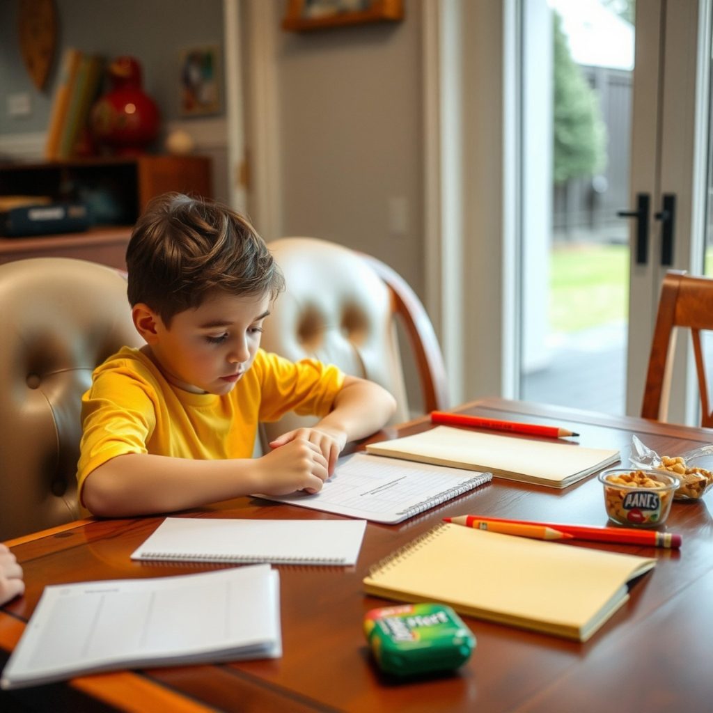 Boy writing in a notebook at a table
